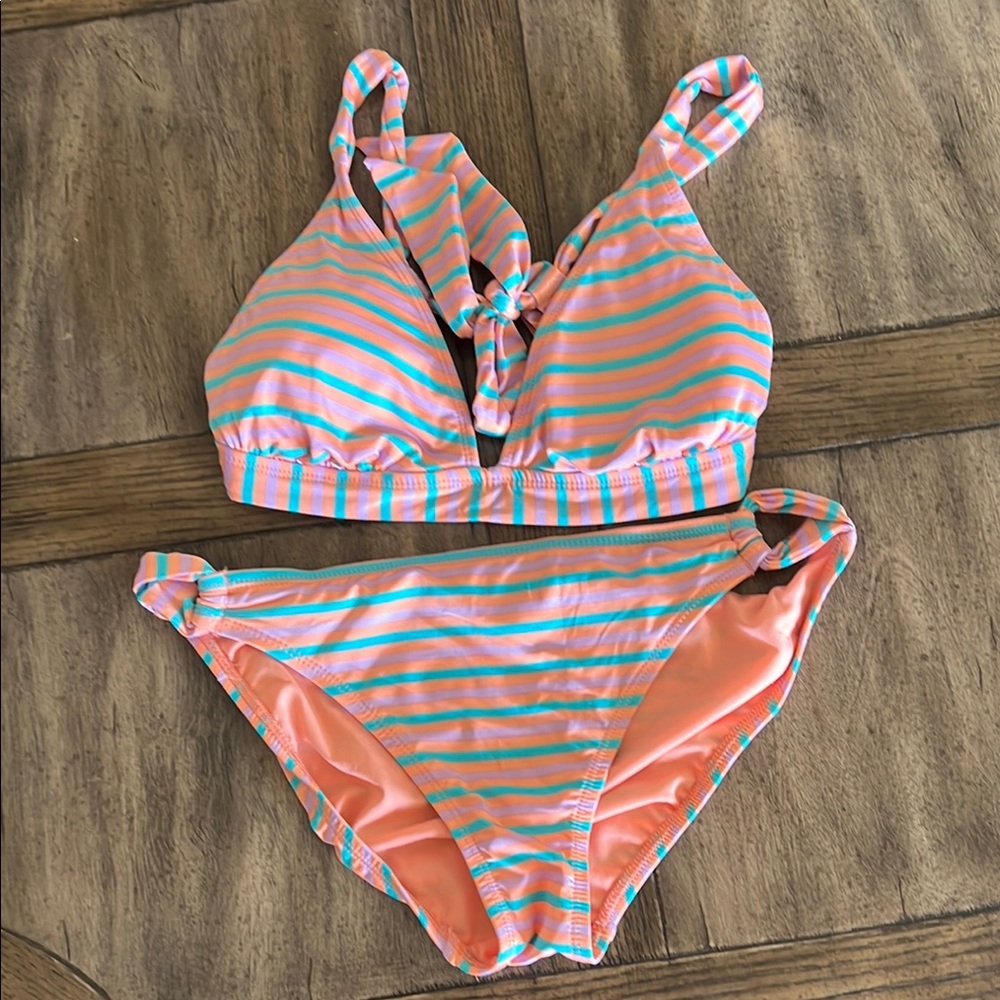 Daniel Cremieux Peach and Turquoise Blue Bikini Set with Adjustable Bralette